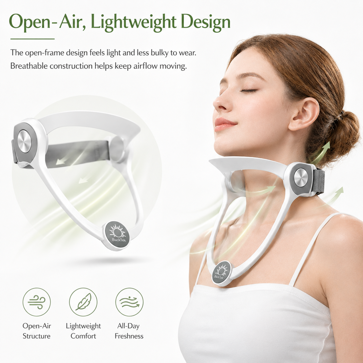 Woman wearing a neck support device with text about open-air, lightweight design.