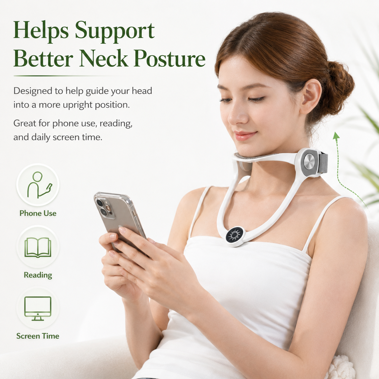 Woman using a neck support device while looking at her phone with text about its benefits.
